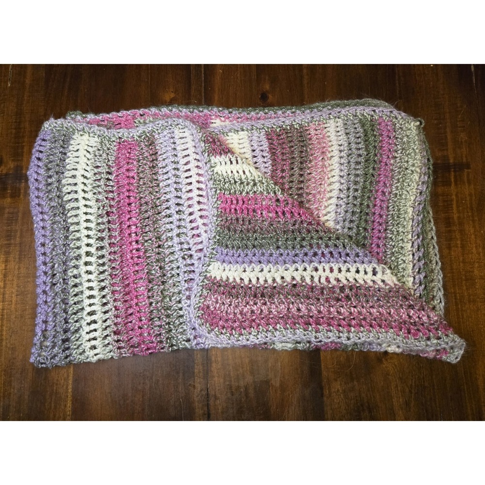 Handmade Crocheted 58x35" Afghan Blanket Purples Greens Creams Soft‎ Striped
